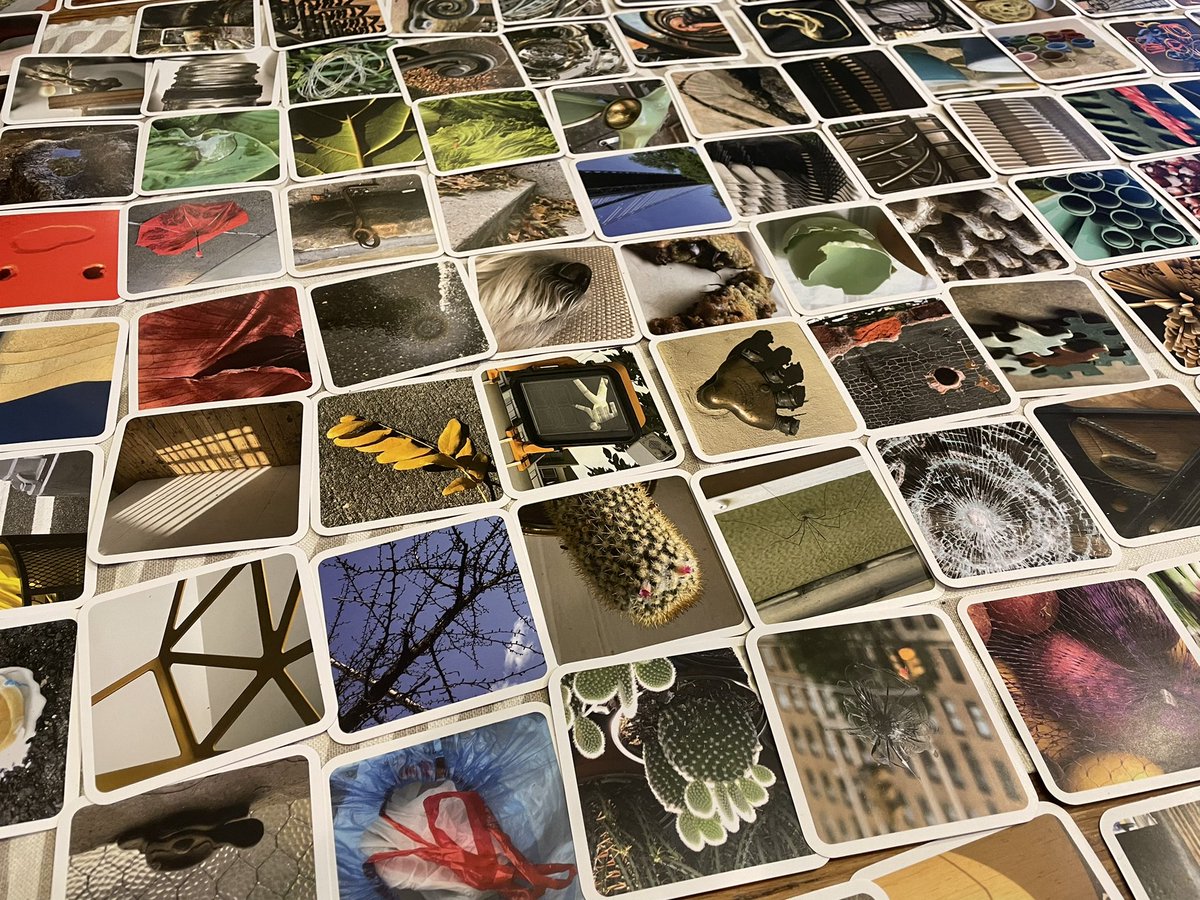 mtrushkowsky's tweet photo. We started playing with some new cards today. Ouisi is an excellent way to pass some time with another person. Lots of games to play - the simplest is to take turns putting cards next to each other &amp; describing what connects them. It’s making me ridiculously happy. @playouisi https://t.co/7ICx4TqYg0
