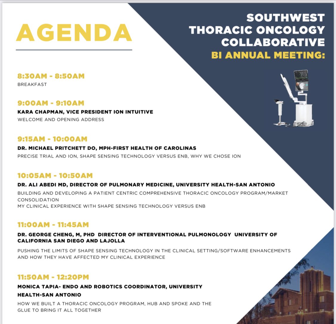 Had a great time at the Southwest Thoracic Oncology Collaborative in Phoenix. Thank you <a href="/IntuitiveSurg/">Intuitive</a> for putting together an excellent program. Also met a lot of AZ-based IP colleagues! #roboticbronchoscopy #ionrobot #lungcancerscreening #programbuilding #advancedbronchoscopy