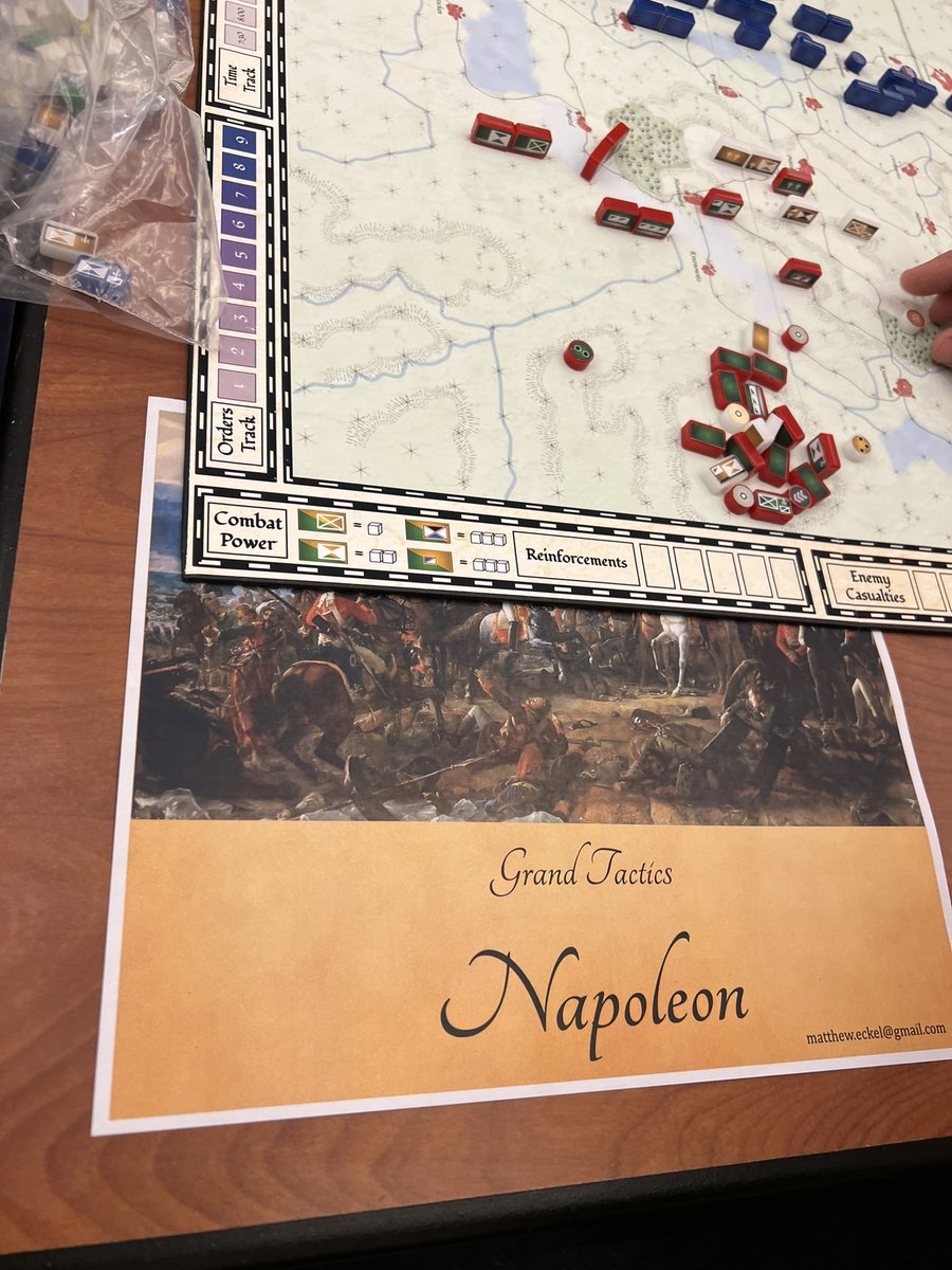 JasonDCMatthews's tweet photo. Promising prototype on Austerlitz by @MattEckel. He’s working on an interesting system for moral/cohesion. And I agree that hexes are the devil in a linear warfare game. #Washingcon https://t.co/1om3EHeWG7