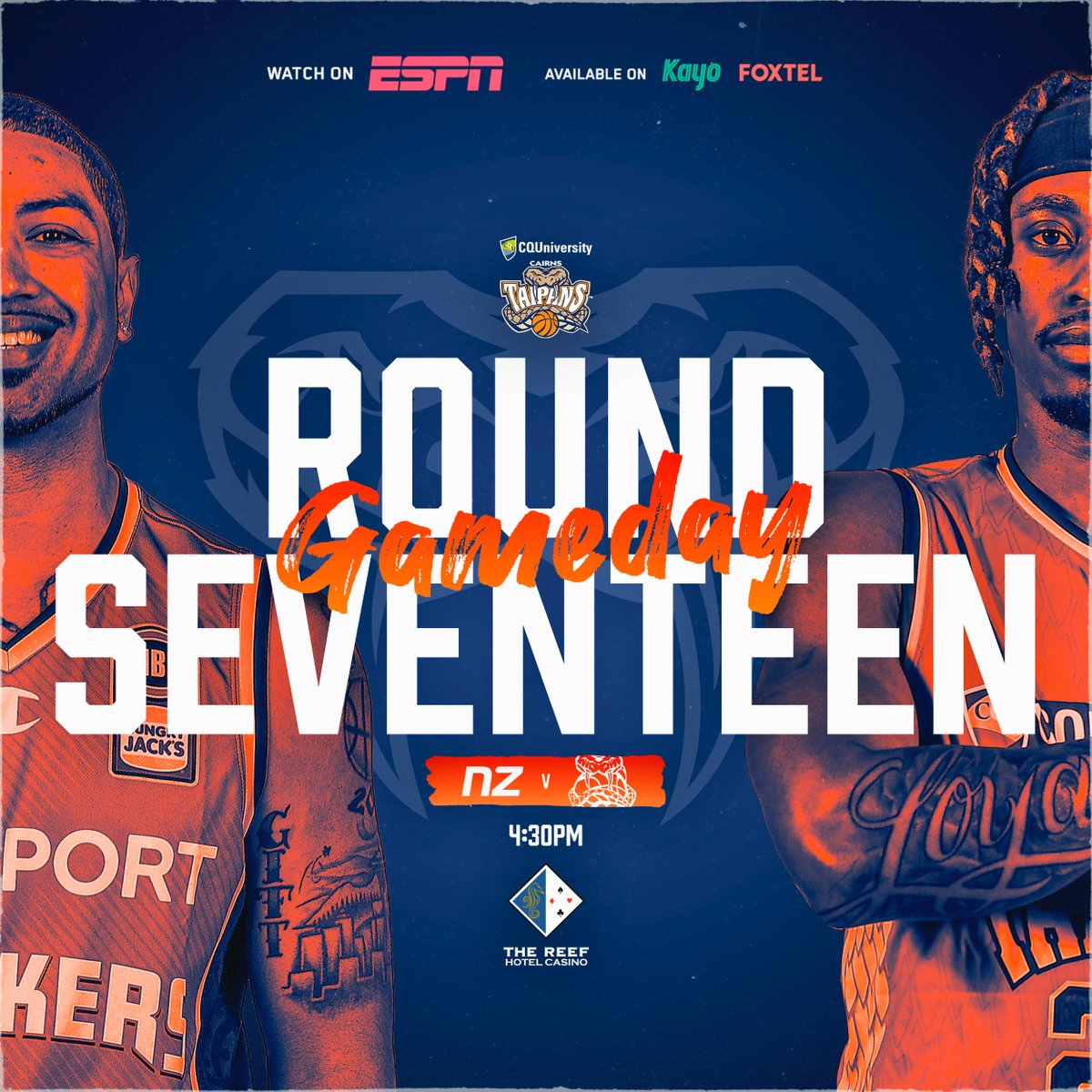 🛫 HOME AND AWAY GAME 🛬 

The Taipans play an "away" fixture against the Breakers this afternoon, at the Convention Centre. Watch together at the <a href="/ReefHotelCasino/">The Reef Hotel Casino</a> 🎲

🆚 <a href="/NZBreakers/">BNZ Breakers</a>
🟠 Tip-off: 4:30pm
🔶 <a href="/CCC_Cairns/">Cairns Convention Centre</a>
 🟧 <a href="/ESPNAusNZ/">ESPN Australia & NZ</a>