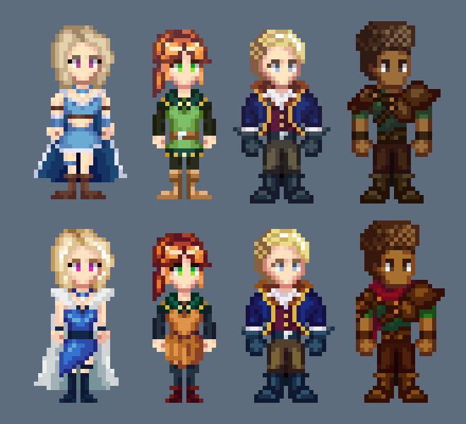 SayAllenthing's tweet photo. 🎨 Late #screenshotsaturday post, 

Finished the new look of the two female characters to complete the redesign/recolour of my main cast.

From left to right: Katla, Annette, Gabriel, Tyias.

#gamedev #indiegamedev #jrpg #pixelart https://t.co/pHMivRN0jL