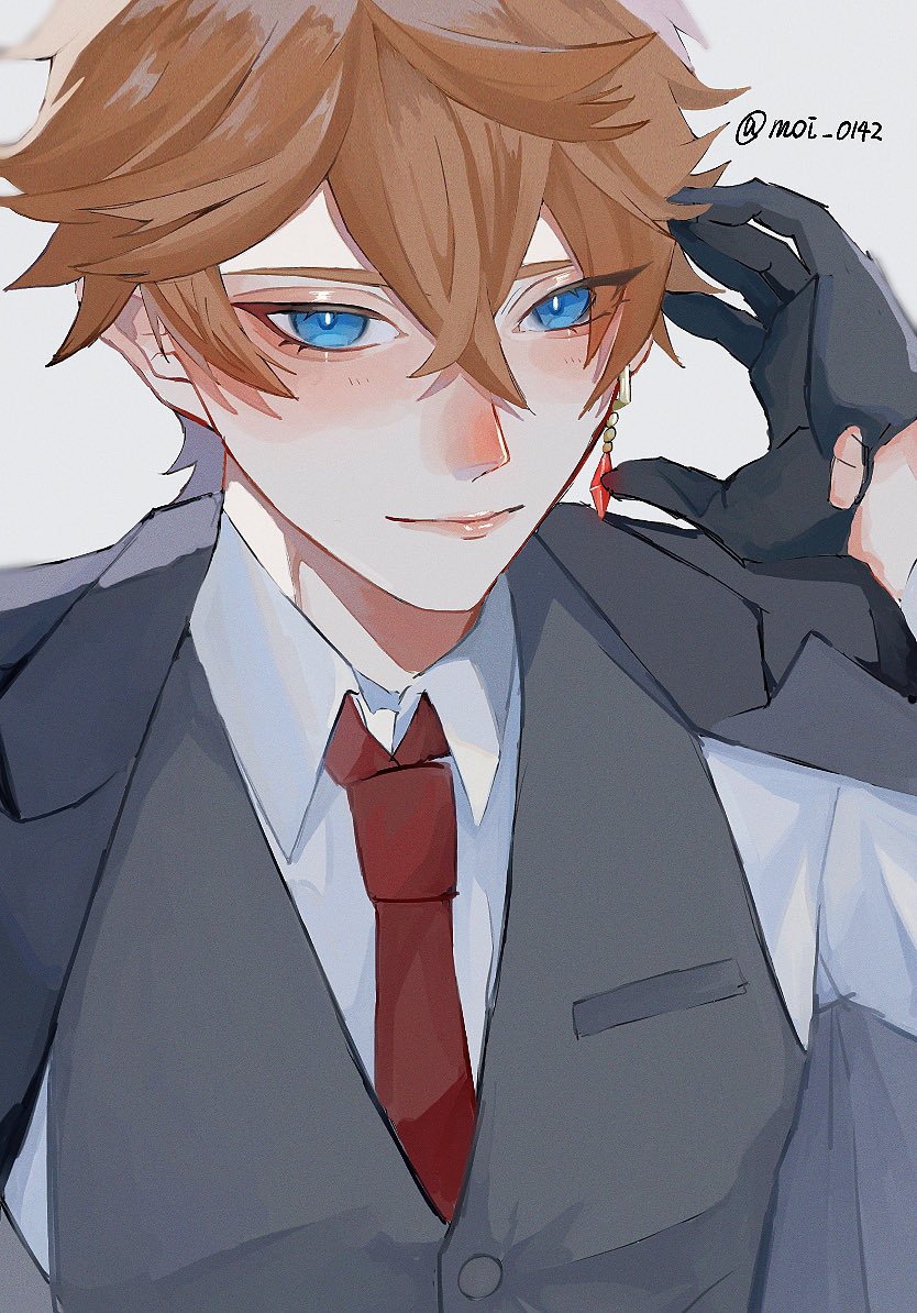 tartaglia (genshin impact) 1boy male focus blue eyes gloves solo jewelry necktie  illustration images