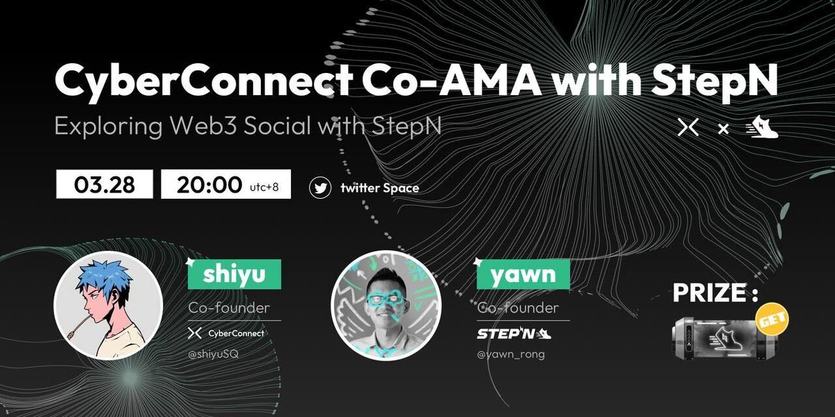 STEPN GO (@stepnofficial) on Twitter photo Join <a href="/CyberConnectHQ/">(Deprecated) CyberConnect</a> X STEPN AMA on 28th March(20:00 UTC+8) to explore Web3 social.
Like, retweet, follow and ask us a question in the comment for the chance to win one STEPN genesis shoebox.
#STEPN #Web3 Join <a href="/CyberConnectHQ/">(Deprecated) CyberConnect</a> X STEPN AMA on 28th March(20:00 UTC+8) to explore Web3 social.
Like, retweet, follow and ask us a question in the comment for the chance to win one STEPN genesis shoebox.
#STEPN #Web3