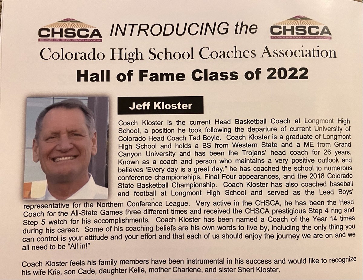 LongmontHS's tweet photo. Congratulations Coach Jeff Kloster on being inducted into the Colorado High School Coaches Association Hall of Fame Class of ‘22. The entire Longmont community is proud and grateful for all you’ve done and continue to do. ⁦@LHSTrojanWay⁩ ⁦@GoTrojanNation⁩ https://t.co/YlOp8W0lW7
