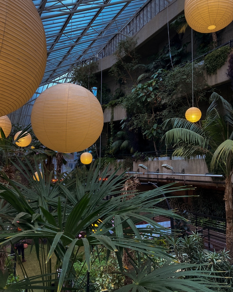 LocorumAnd's tweet photo. At the Barbican Conservatory, the warm glow of Noguchi's Akari lamps light up the leafy confines in the darker hours of the day. The tropical escape, amidst the city, embraces the confluence of nature with designed space.

#noguchi #barbican https://t.co/MwLtHUD9vA