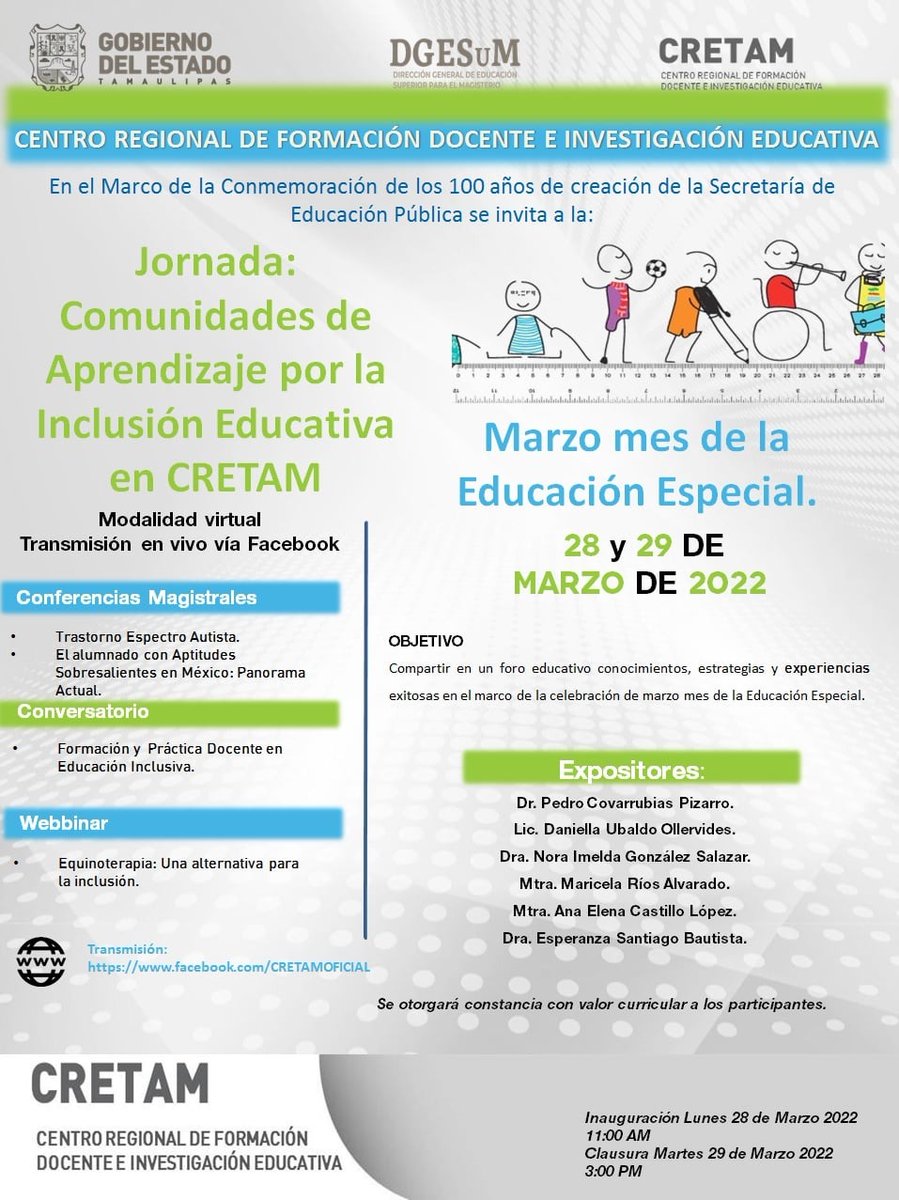 VinculacionTam's tweet photo. Con el fin de fortalecer académicamente al @CretamNoreste anta comunidad Docente y Directiva de la Región Noreste de #Mexico, se invita a participar en actividades de la Jornada: Comunidades de Aprendizaje por Inclusión Educativa en #CRETAM los días 28 y 29 de marzo. #Tamaulipas https://t.co/X8AveEz6GQ