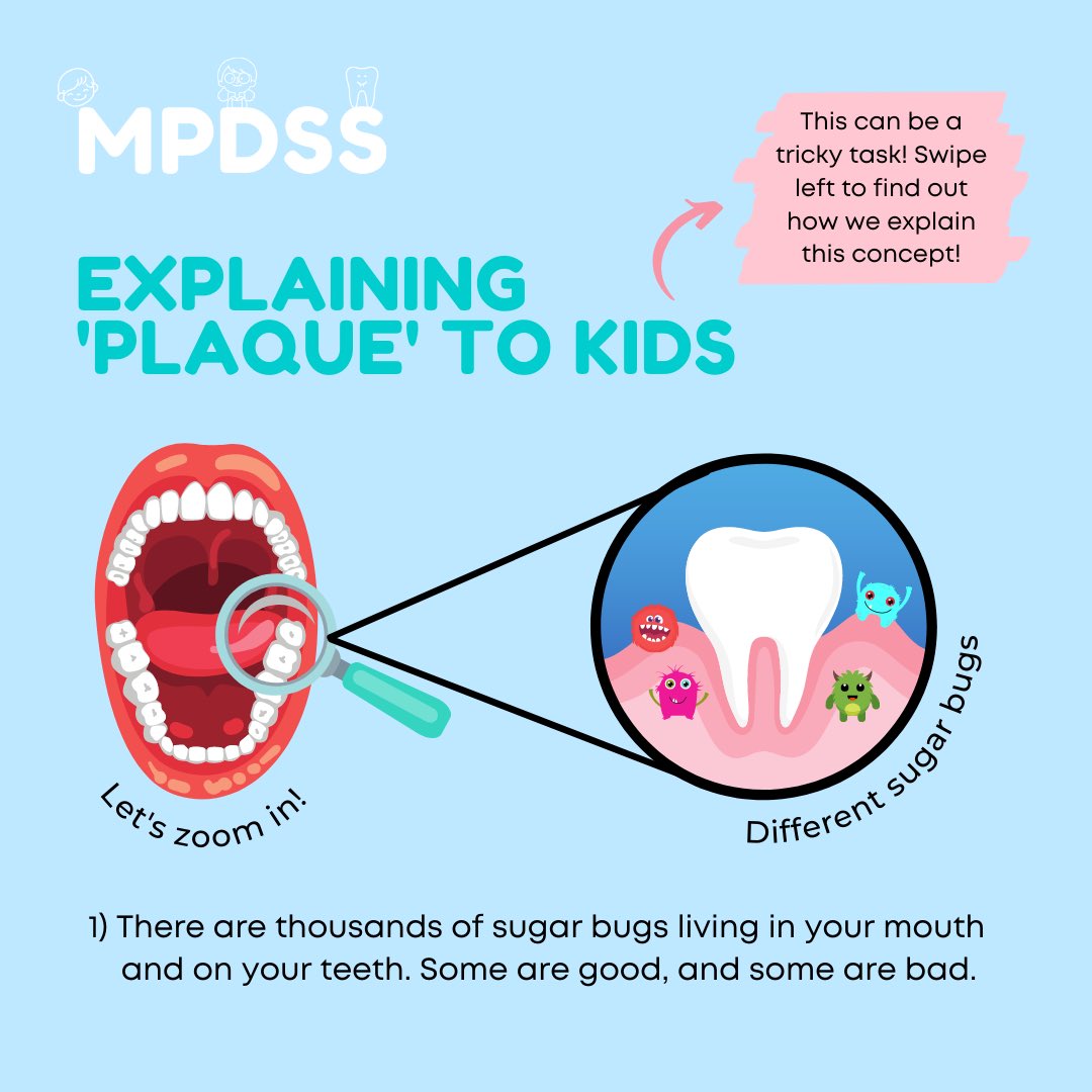 mpdssoc's tweet image. It can be a challenge to explain what and how plaque works. 🤔

So swipe to see how we can explain this concept to kids! 👧🏽

Use the rule of 2 to help out! Visit the dentist 2x per year and brush 2x daily for 2 minutes 🪥