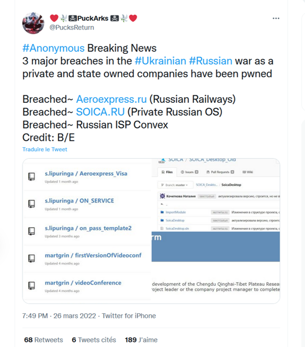 cyber_etc's tweet photo. Russia π·πΊ : #Anonymous announced to have breached 3 other Russian companies:
- #Aeroexpress (trains between Moscow and Moscow airports)
- #SOICA (digitization of documents)
- #Convex (Internet Service Provider, #ISP)
#OpRussia #Ukraine
Via @PucksReturn
https://t.co/Hmo2ZYIypO https://t.co/diWaieiCHr