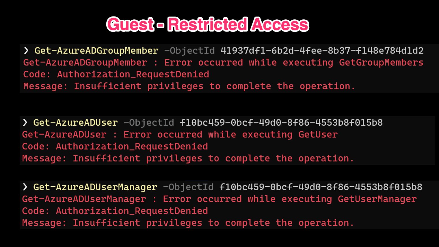 Screenshot of PowerShell cmdlets to get-azureadgroupmember, get-azureaduser cmdlets returning Request denied error messages.