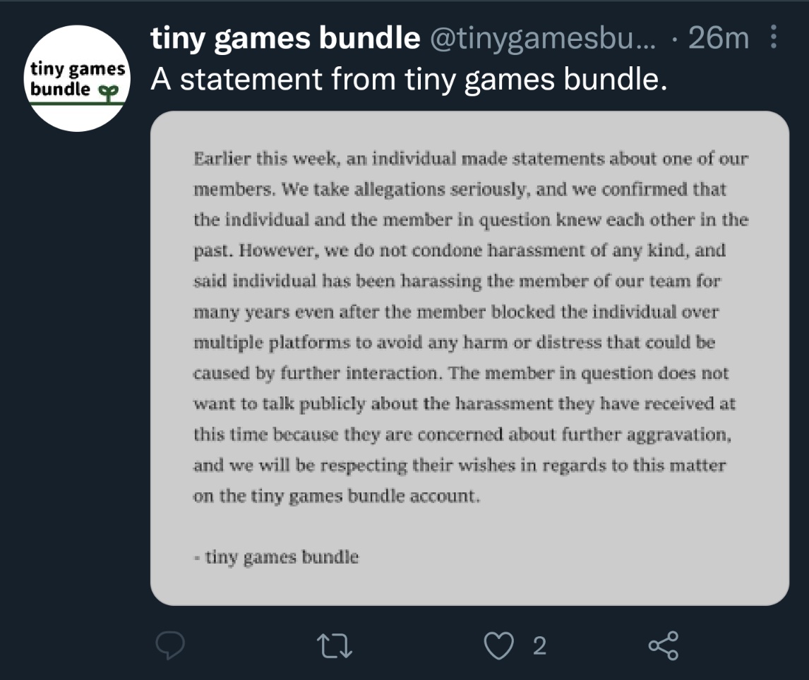 lisarubbishface's tweet photo. @tinygamesbundle disabled comments on this post and blocked everyone who called out Cloverfirefly. Why are Moog's statements "allegations" but these unfounded claims of harassment are treated as fact? This isn't how you "take allegations seriously" #tinygamesbundle https://t.co/YqUhNjb9YW