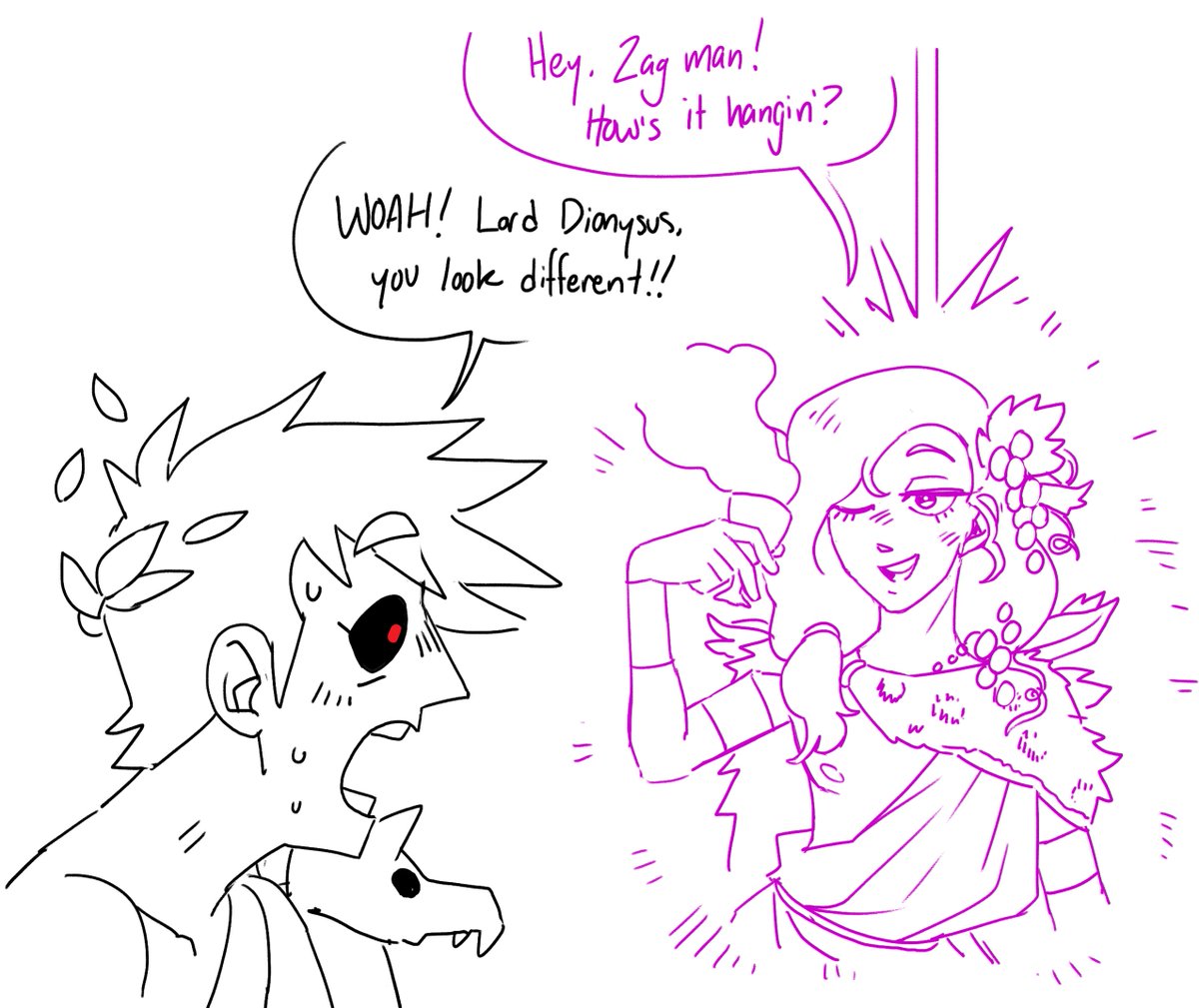 repost of an older hades doodle comic i did last year, dionysus is sometimes depicted as a slender young effeminate man. dionysus is gnc 