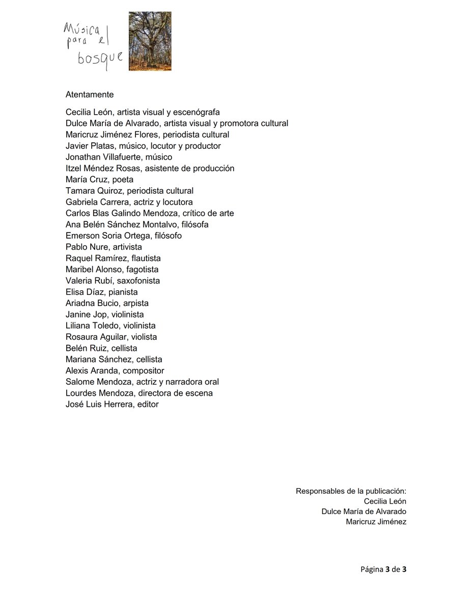 Carta Abierta 
Música para el bosque es un proyecto cultural independiente, sin fines de lucro. Es un tributo de los artistas al bosque del ÁNP La Loma, en <a href="/AlcaldiaAO/">Alcaldía Álvaro Obregón</a>. Incomprensible su suspensión 
<a href="/Claudiashein/">Claudia Sheinbaum Pardo</a> <a href="/lialimon/">Lía Limón</a> <a href="/SEDEMA_CDMX/">Secretaría del Medio Ambiente</a> <a href="/Sedemacdmx/">Secretaría del Medio Ambiente ☣️</a> 
#ANPLaLoma