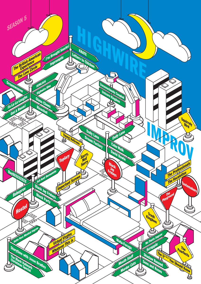 In honor of <a href="/highwireimprov/">highwireimprov</a> season 5, I designed an isometric poster last night.

The signs include the names of the season's teams.

Created in Adobe Illustrator which has some new 3D tools along with classic revolve and extrude.

#design #adobeillustrator #isometric