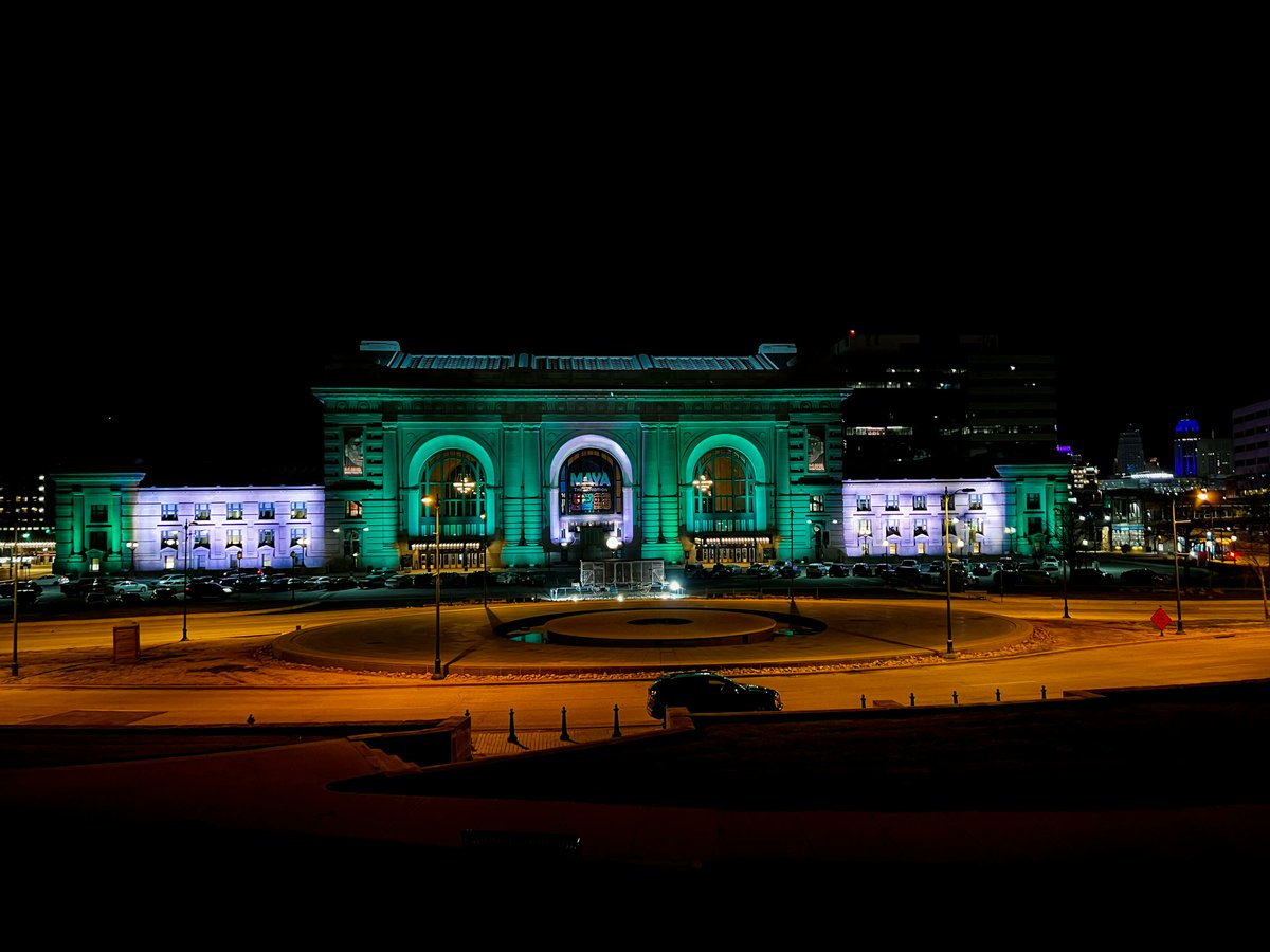 Tonight, Union Station shines in Bearcat Green and white, as we celebrate <a href="/NWBearcatMBB/">Bearcat Basketball</a>'s third-straight Division II National Championship. Our congratulations to @NWMOState and @BearcatSports.