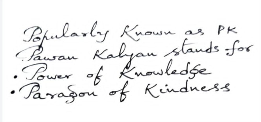 Bolisetty Satyanarayana (@bolisetti_satya) on Twitter photo I got an another hand written thought from Mr Prayaga Subramanyam about Mr <a href="/PawanKalyan/">Pawan Kalyan</a>..
Popularly known as Pawan Kalyan stands for...
* Power of Knowledge
* Paragon of Kindness
Well said Subramanyam garu🙏🙏
#BringBackNetajiAshes
#RenkojiToRedFort
#JSPForNewAgePolitics I got an another hand written thought from Mr Prayaga Subramanyam about Mr <a href="/PawanKalyan/">Pawan Kalyan</a>..
Popularly known as Pawan Kalyan stands for...
* Power of Knowledge
* Paragon of Kindness
Well said Subramanyam garu🙏🙏
#BringBackNetajiAshes
#RenkojiToRedFort
#JSPForNewAgePolitics