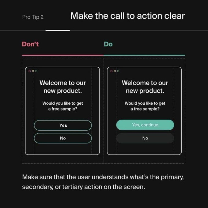 CalvinMorett's tweet photo. @DannPetty Better example is just make the buttons the same in the "Don't".

The "Do" kept the same will show why it's better to guide the user towards the preferred action with differently designed buttons. https://t.co/DCgcrgEG9A