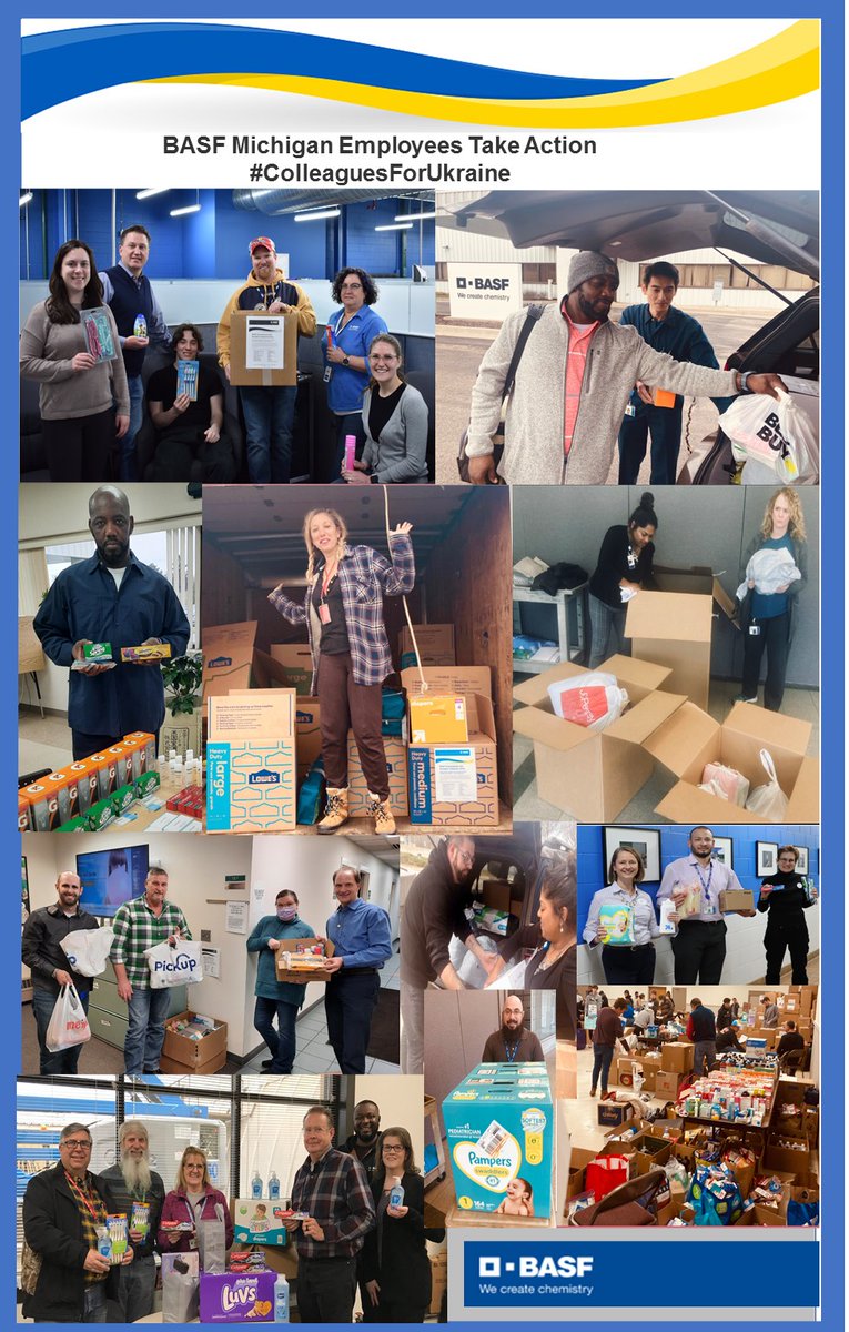 BASF_Michigan's tweet photo. BASF Michigan sites collect supplies for Ukraine
A big thank you to our employees at our BASF sites in Michigan for your generous donations of first-aid supplies, bedding, towels, baby supplies, personal hygiene items and more to help Ukrainian refugees. #ColleaguesForUkraine https://t.co/5jUVriCV3y