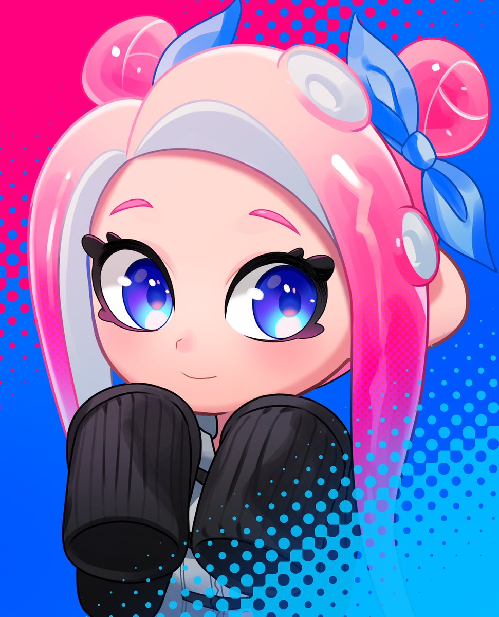 octoling ,octoling girl 1girl solo sleeves past wrists pink hair blue eyes smile sleeves past fingers  illustration images
