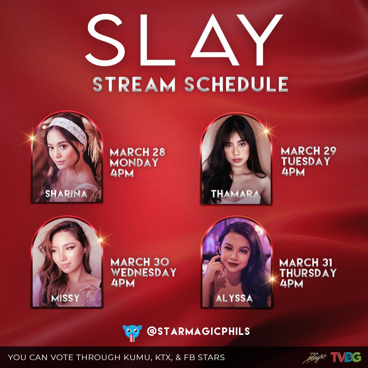starhuntabscbn's tweet photo. It’s anyone’s game! 🔥

It’s the Final Week of the campaign and the #Slay campaigners will be joined by a Surprise Guest! Find out who it’ll be on Star Magic’s official Kumu account at 4pm tomorrow.

SLAYIN’ ‘til the end! 🔥
#StarMagicSlay #TVDG https://t.co/2N4d2MjHaH