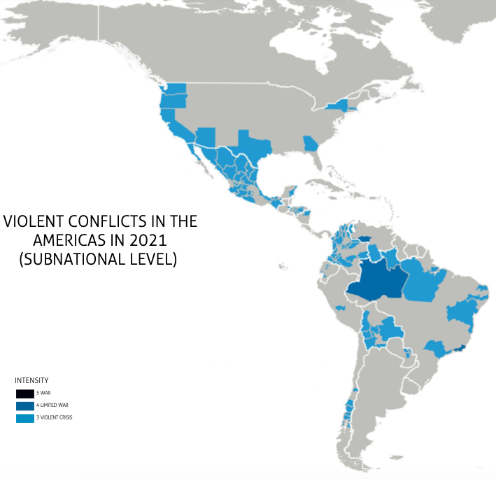 59 active conflicts were observed in the #Americas in 2021. Overall, 5 limited #wars were fought, taking place in Mexico, Venezuela, Colombia and Brazil. The war in #Brazil on drug trafficking organizations de-escalated to a limited war.

#CoBa2021