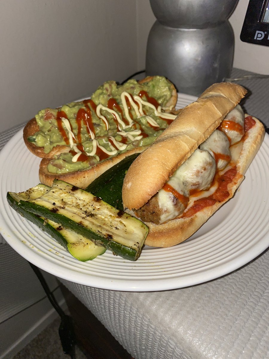 Quick 1am snack meatball sub avocado siracha kewpie Mayo toast and grilled zuccini