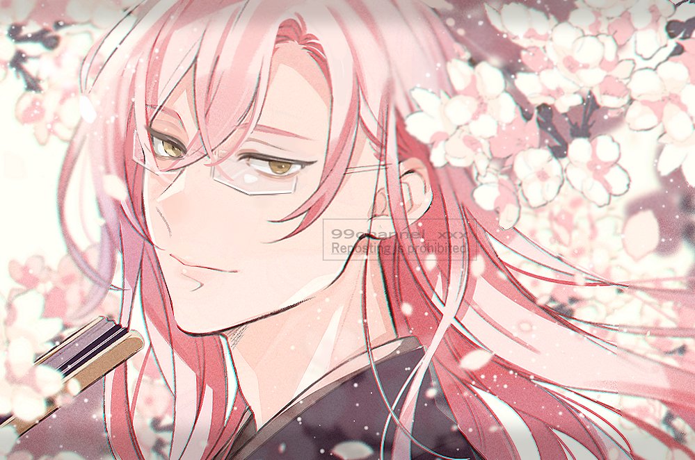 1boy male focus solo pink hair long hair glasses looking at viewer  illustration images