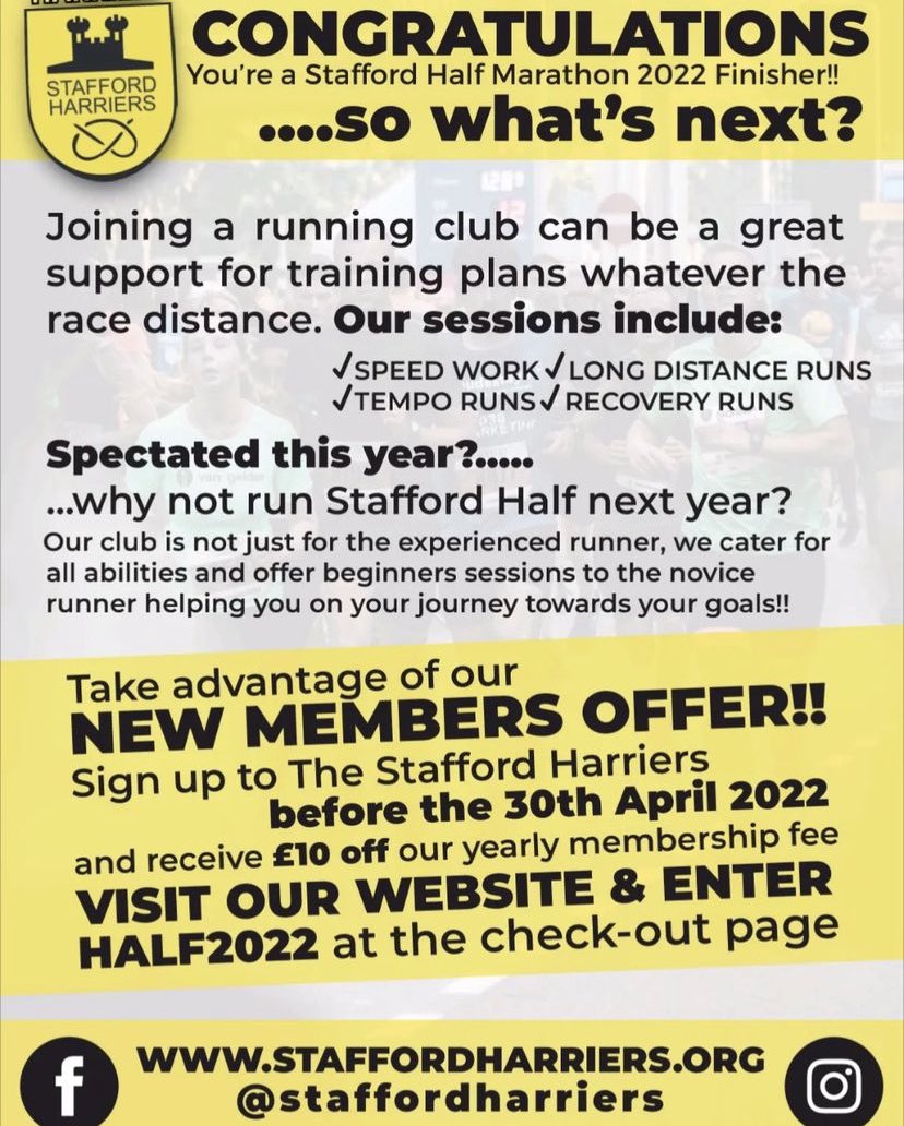 Did you run the @StaffordHalf this year or thinking about running it next year? Why not take advantage of our new members offer & run with the support of the @staff_harriers! #stafford @StaffsNews