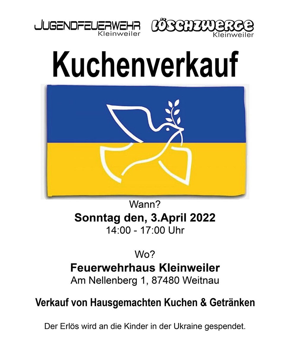Unsere Jugend- &amp; Kinderfeuerwehr veranstalten einen Kuchenverkauf um Spenden für die Kinder in oder aus der Ukraine zu sammeln und diese zu unterstützen. Bitte Unterstützt Sie dabei und kauft den leckeren Hausgemachten Kuchen und Getränke.

ffw-kleinweiler.org/jugendfeuerweh…
