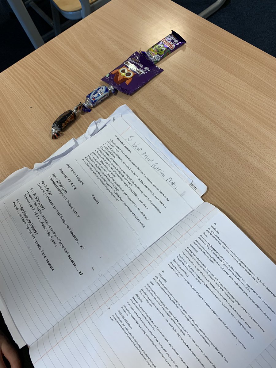 mrsrobertshist's tweet photo. S4 Historians have been practicing their ‘To What Extent’ exam question skills using chocolate this week. Kinder was a clear winner 🍫@Greenwood_Acad @gsocialsubjects #revision #history #examskills https://t.co/gPNdl1gUkX