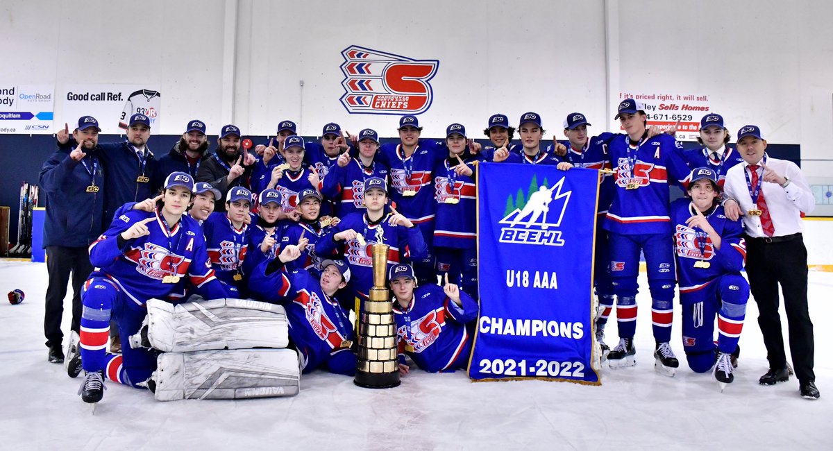 BCEHL's tweet photo. Congratulations to the Vancouver North East Chiefs on winning the 2021-2022 BCEHL U18 AAA Championship! #bcehl #bcehlaaahockey #aaahockey https://t.co/PvTZi8qtPm