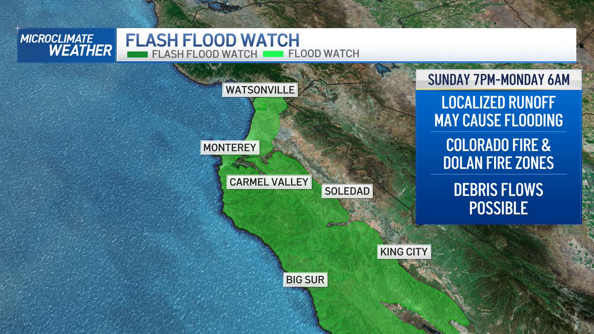 RobMayeda's tweet image. Flash Flood Watch 7pm Sunday to 6am Monday for Monterey County including the #ColoradoFire #DolanFire zones (note second map showing Carmel Fire / River Fire zones near Carmel Valley) 2"-3" possible in the mountains nearby. #CAwx