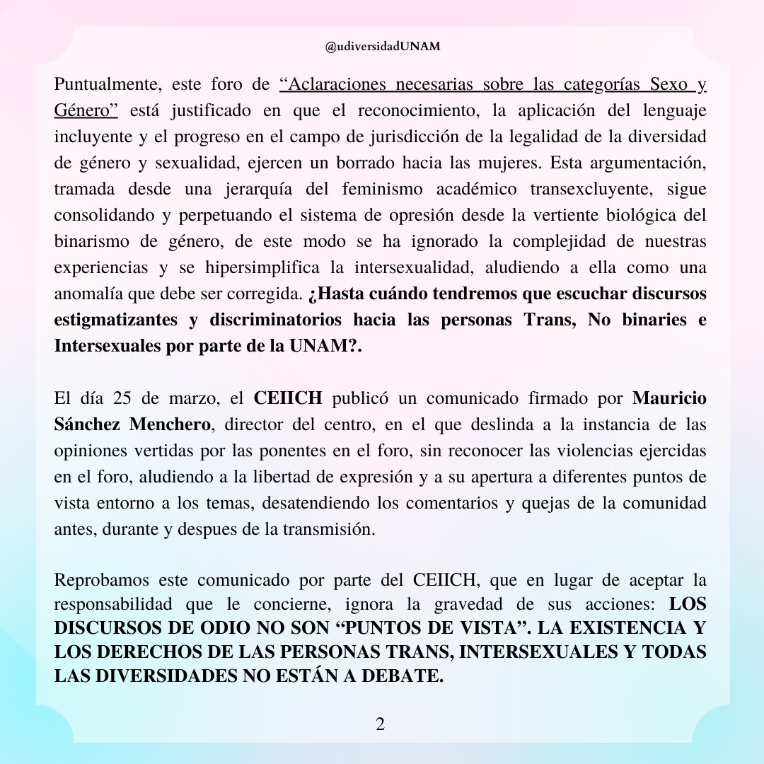 UNAMUDiversidad's tweet photo. Por una universidad libre, digna y respetuosa de todas las identidades 🏳️‍⚧️🏳️‍🌈🌟💥
"Hasta que la dignidad se haga costumbre"

Comunicado en PDF - Drive: https://t.co/qD80NRdnrf https://t.co/IvoDNpCPJx
