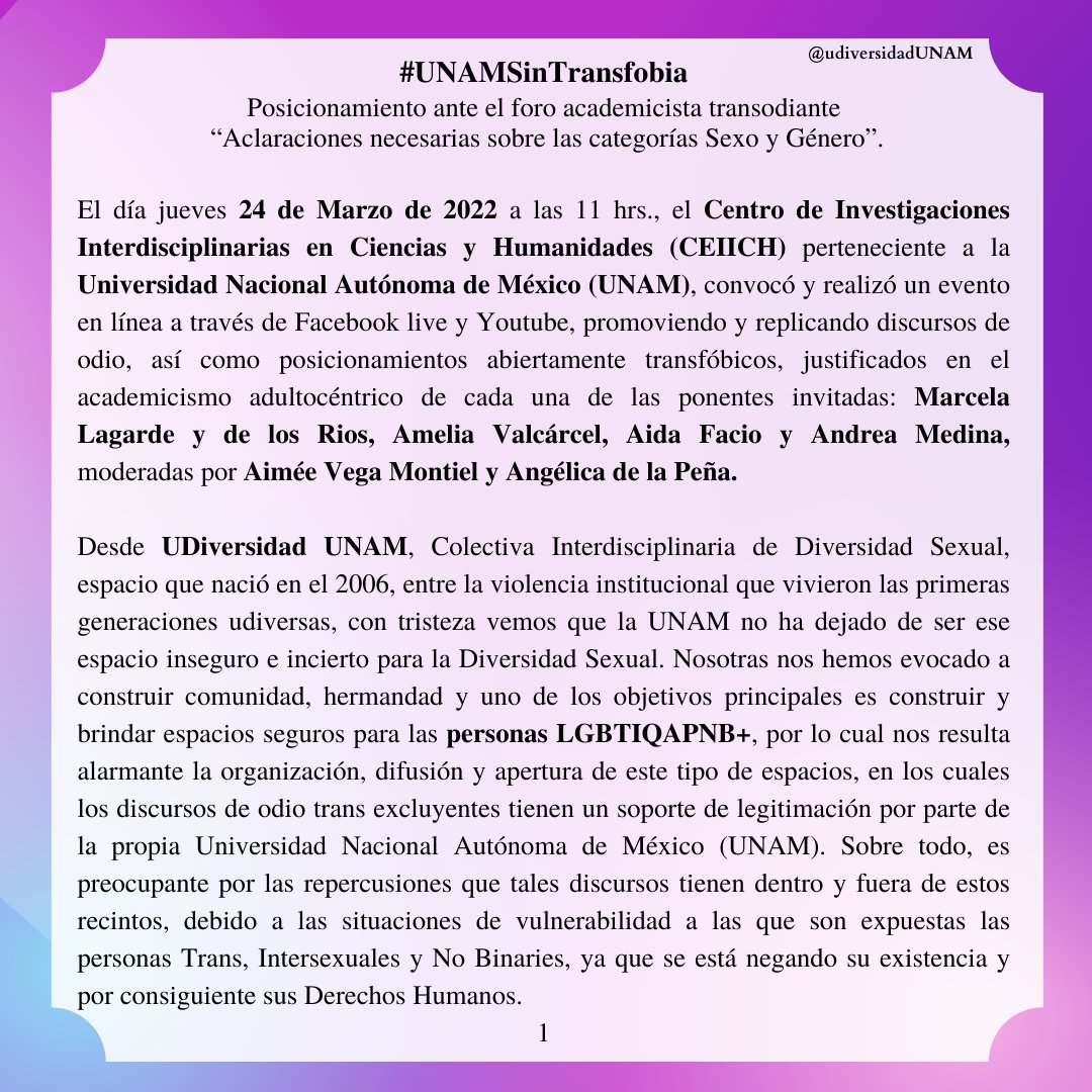 UNAMUDiversidad's tweet photo. Por una universidad libre, digna y respetuosa de todas las identidades 🏳️‍⚧️🏳️‍🌈🌟💥
"Hasta que la dignidad se haga costumbre"

Comunicado en PDF - Drive: https://t.co/qD80NRdnrf https://t.co/IvoDNpCPJx
