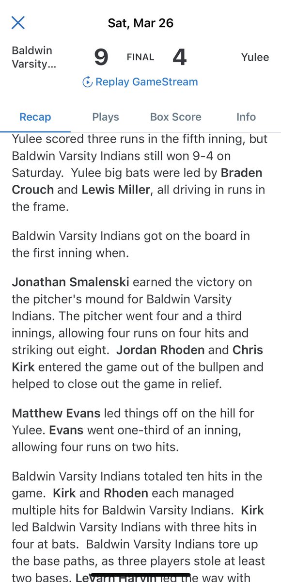 baldwin_club's tweet photo. @chriskirkjr12 @JordanRhoden28 each had multiple hits 
@chriskirkjr12 led with 3 hits in 4 at bats 
@MalcolmHarvin__  @Manny_Cuevas23 @chriskirkjr12 each had 2 RBIs @HarvinLevarn with 3 stolen bases
@JonathanSmalen1 allowed 4 runs on 4 hits and striking out 8 https://t.co/Z2Ny6ZCbVX
