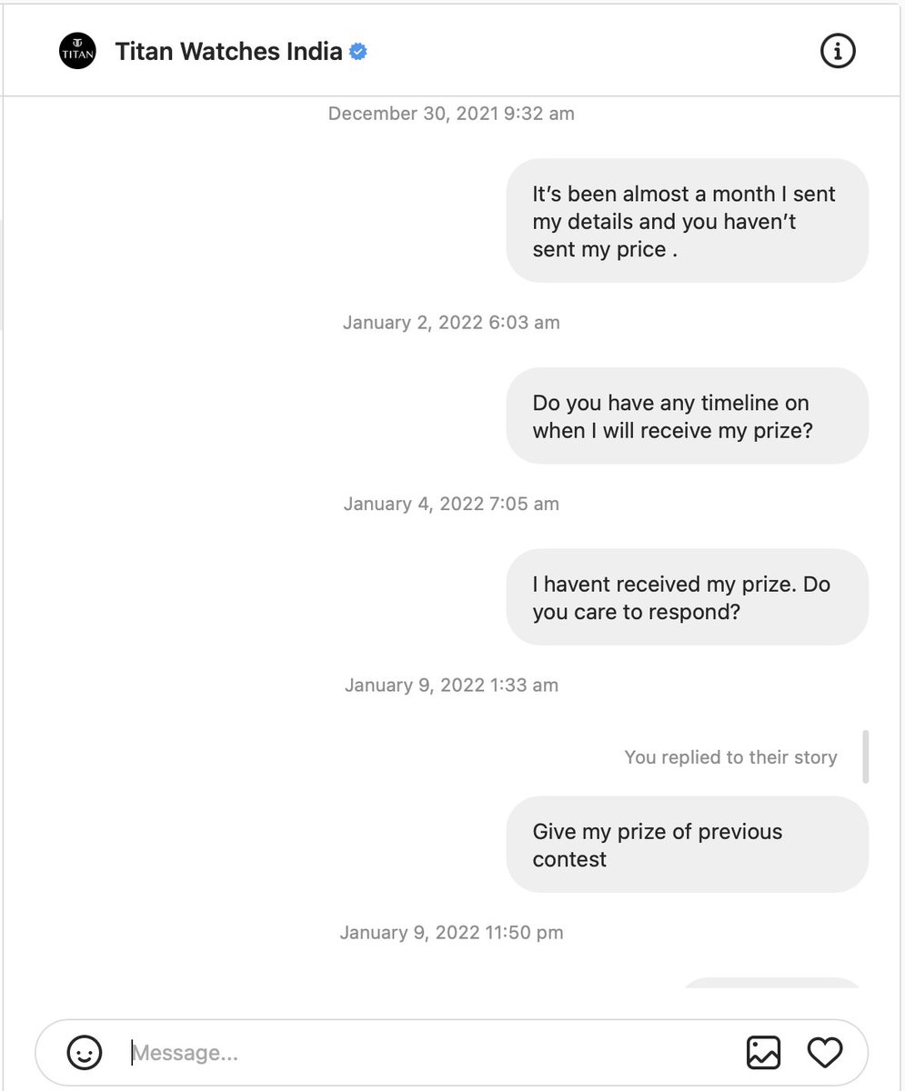 Taz_sweet's tweet photo. @titanwatches (2/2) They don't even have courtesy to respond. They message me asking for details after 2 months and still no reply. Have some shame. Why to conduct contest of you can't send prize? https://t.co/jNJm3MFE80