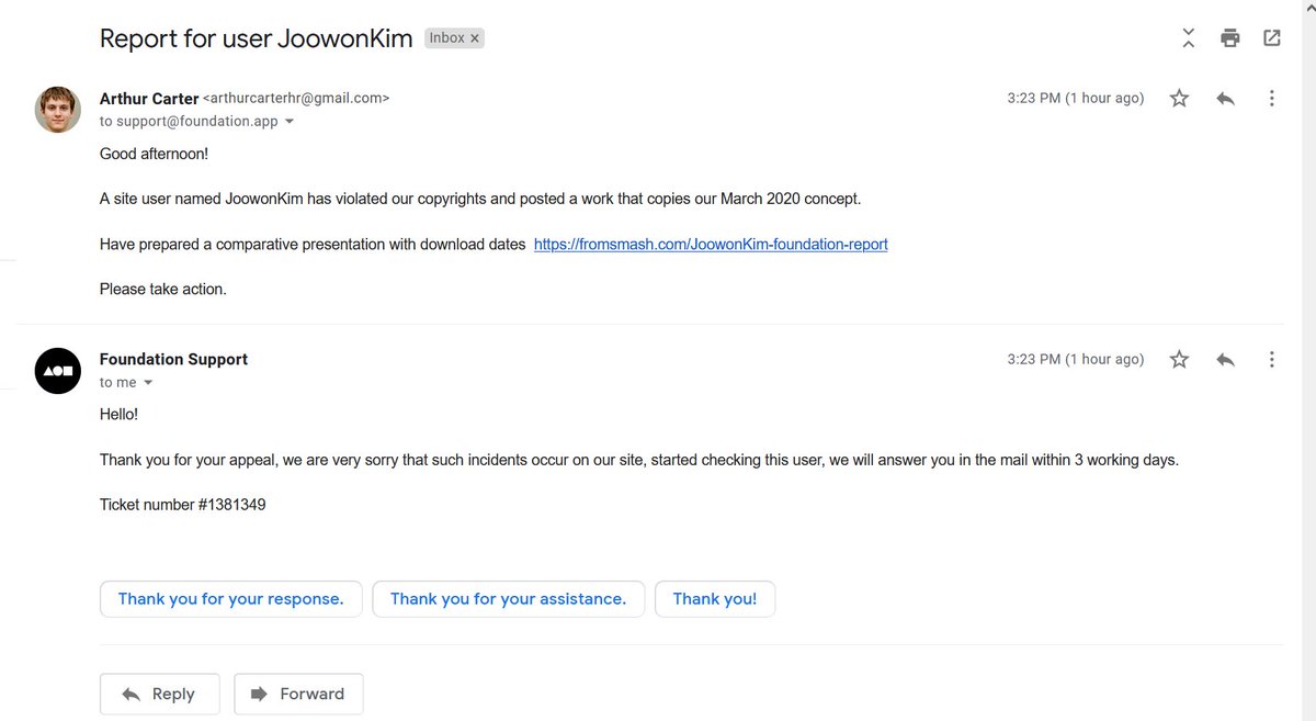 ☠️👽 파운데이션 작품 올리시는 작가님들 주의하세요.

(1/n) 어제 파운데이션에서 작품이 판매되어 기뻤는데 이 스캐머인지 해커인지 그런 녀석 때문에 기분이 좀 그랬네요. 다짜고짜 저한테 메일을 보내더니 너의 작품은 자기 컨셉을 카피했다. 빨리 작품을 내려라라는 메일이 왔습니다.