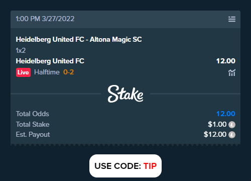stakesportsbet's tweet photo. Heidelberg United FC - Altona Magic SC
Bet slip link: https://t.co/1S6wqELwX1
#HeidelbergUnitedFC #AltonaMagicSC #dent #footballtips https://t.co/DebJ9dcUKW