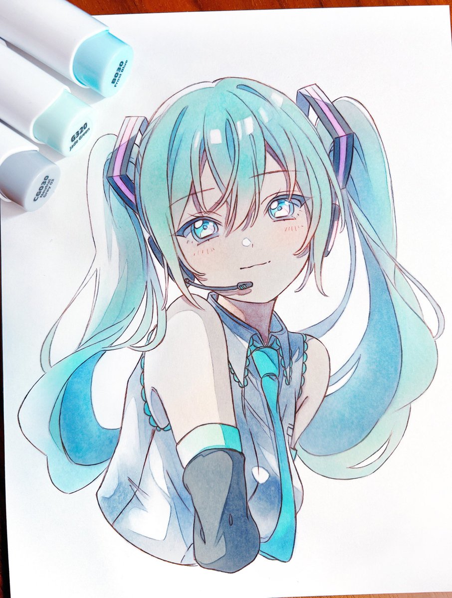 hatsune miku 1girl traditional media solo twintails cropped torso detached sleeves necktie  illustration images