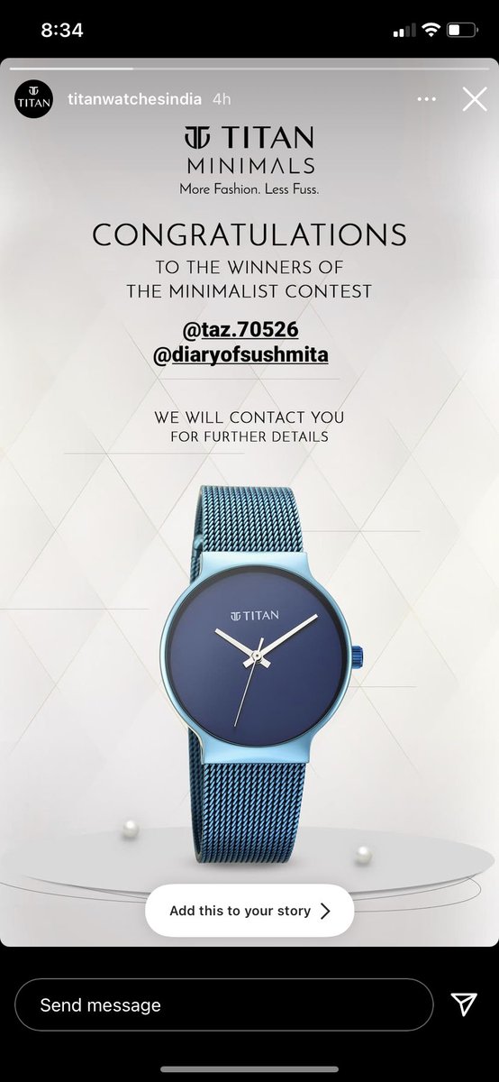 Taz_sweet's tweet photo. @titanwatches This so called watch brand has not gratified winner of Minimalist contest on Instagram. They declared me as winner on 21st Aug 2021 and its almost 8 months now and they haven't responded to my numerous messages. I have provided all the details. https://t.co/S2rVqL2JSn