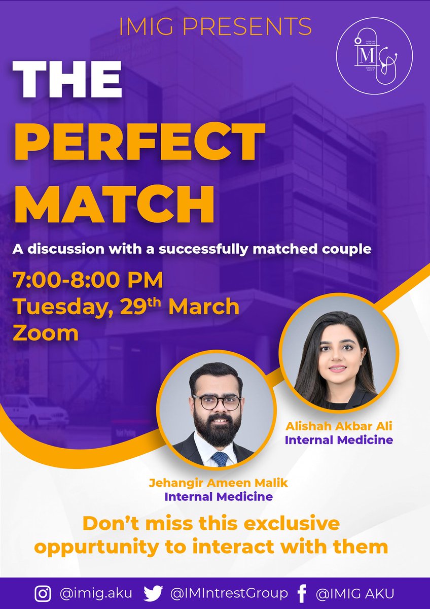 Join our very own esteemed AKU graduates from the class of 2019, Dr. Jehangir Ameen Malik and Dr. Alishah Akbar Ali, as they shed light on their experience and perspective on their couples match journey.
Don't forget to sign up before Monday 11:59 PM!
forms.gle/DabfWYYisRH7RS…