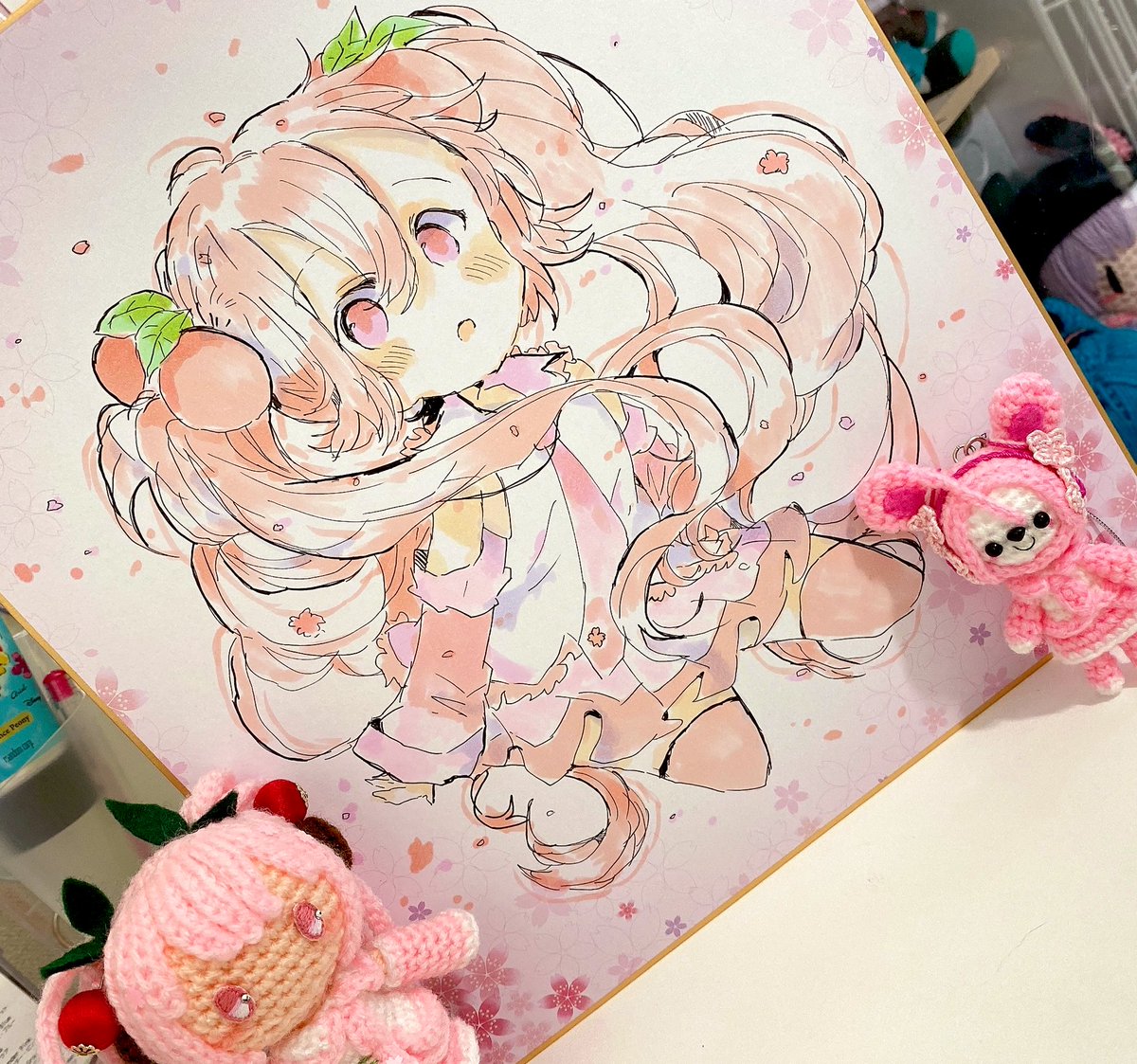 hatsune miku ,sakura miku 1girl pink hair food-themed hair ornament traditional media cherry hair ornament skirt long hair  illustration images