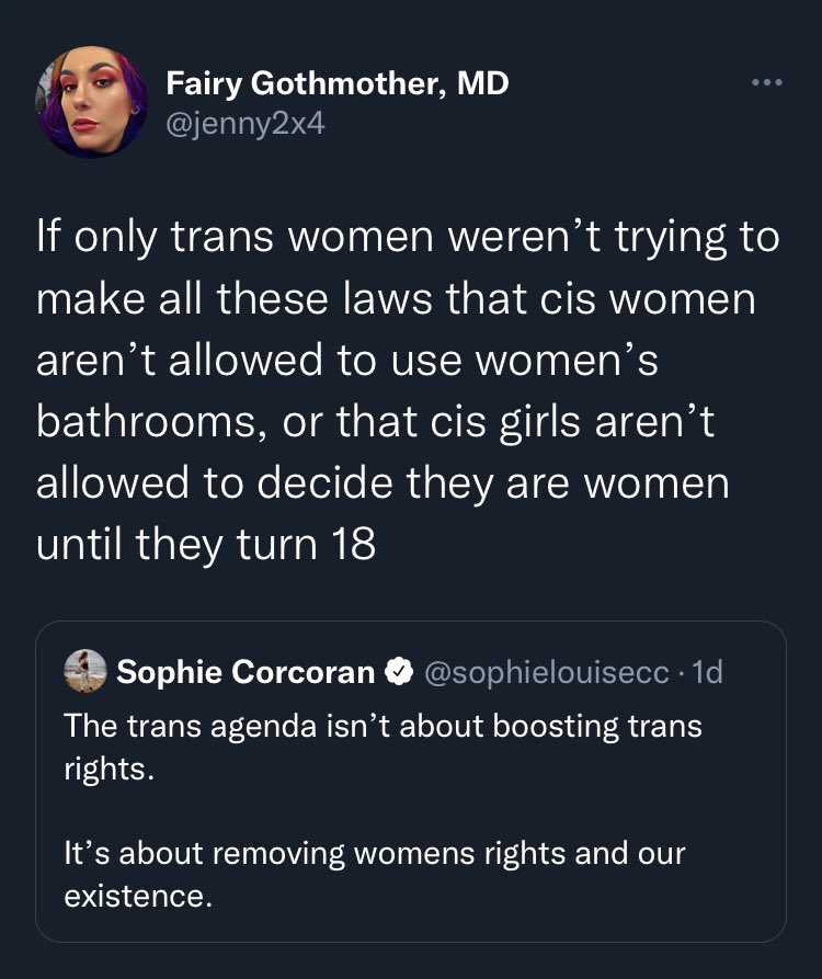 jenny2x4's tweet photo. So you agree? The way cis women treat trans women is unequivocally so much worse than the way trans women treat cis women? https://t.co/gTrf8ztEl1
