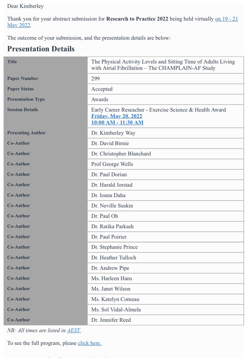 DrKimWay's tweet photo. I’m thrilled to be an #earlycareerresearcher award nominee for this year’s @ESSA_NEWS #RTP2022. I’ll be presenting our CHAMPLAIN-AF study which looked into the🚶levels + knowledge, self-efficacy and outcome expectations towards 🏃 in those with AF. Pub: https://t.co/oFUipLUb31… https://t.co/QaDYCFzX2i