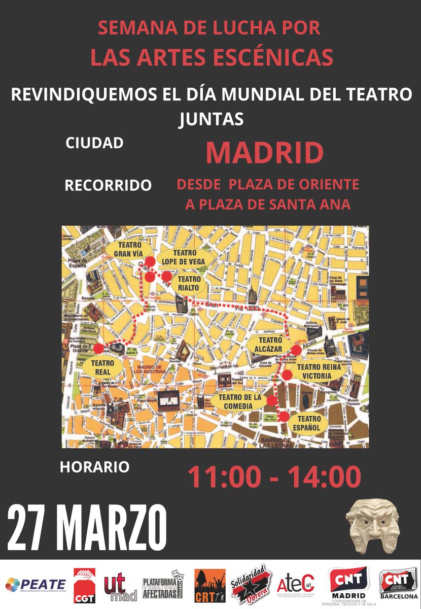 Hoy toca celebrar el #DiaMundialdelTeatro saliendo a las calles a luchar por unas condiciones laborales dignas para quienes lo hacen posible. 🩰🎎🎭🎬

#ApoyaLaTramoya
#Teatro #ArtesEscenicas #PersonalTecnicoyAuxiliar #Actor #Actriz #Figurante
