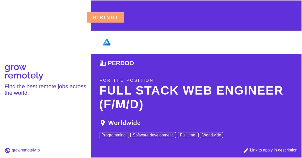 growremotelyio's tweet image. Check out this job at Perdoo for the position Full Stack Web Engineer (f/m/d).

 Apply link: growremotely.io/?id=623faaf0d1…

#hiring #remotejobs #Perdoo #Programming