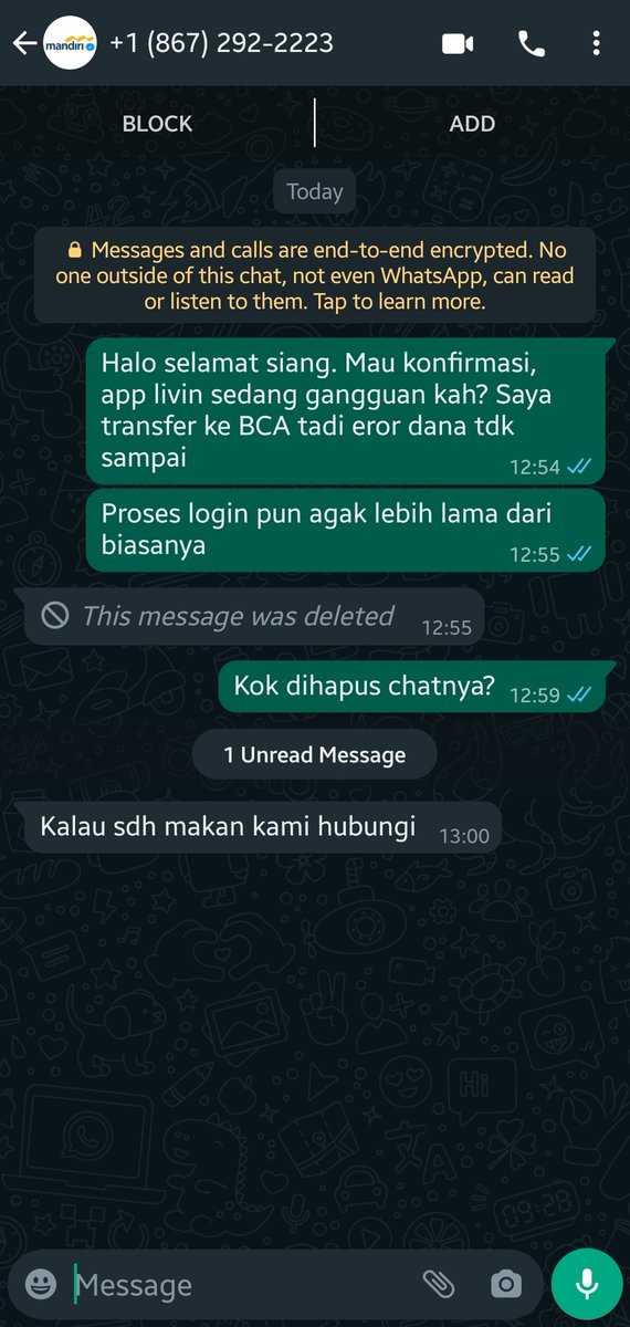 JackAnarchyy's tweet photo. @BankMandiri0020 @bankmandiri Canggih ini modus penipuannya, saya klik n masuk room chat. Ga lama ditelp minta link yg diberikan diklik, lalu login akun mandiri dr link tsb. Padahal dana sy yg gagal transfer sudah refund. Telp WA maksa untuk login sekarang pula, pdhl sy bilang lg makan. Kurang apik si masnya. https://t.co/lS6WCIQPlP