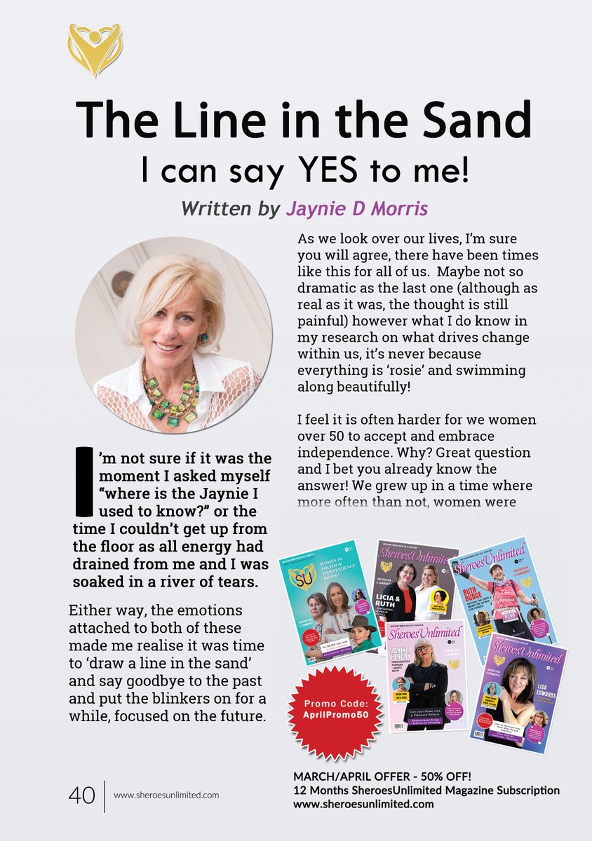 Latest SU Magazine Founder Jaynie Morris has written an interesting article on boundaries - 'drawing that personal line in the sand'.Magazine available from our website! #magazine #SUMagazine
#sheroesunlimited #inspiringwomenover50 #jayniemorris #magazineforwomen #womensmagazine