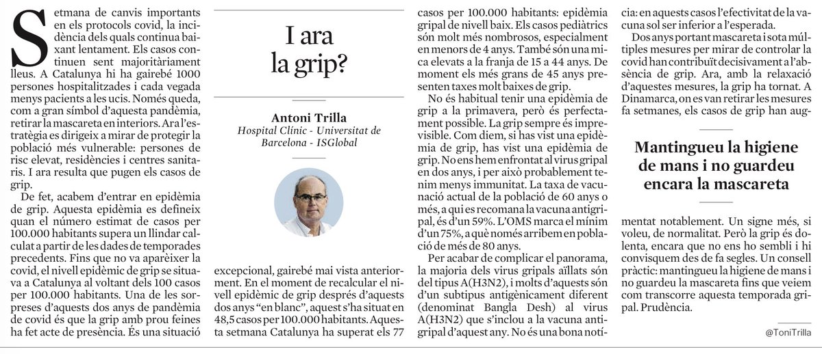 ToniTrilla's tweet photo. I ara la grip?
• Dos anys sense grip
• Augment actual de casos en nens i menys en adults
• Nivell epidèmic ja a CAT 
• Població en risc vacunada: <60%
• Predomini virus A(H3N2), diferent a l'inclòs en la vacuna
A veure com evoluciona les properes setmanes... https://t.co/cLIAG6GhOw