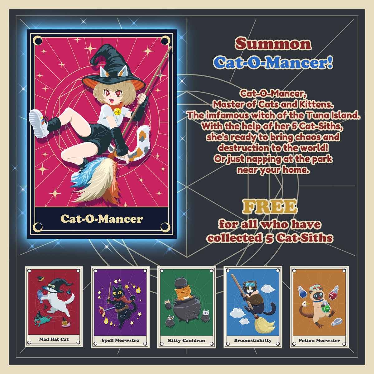 The Cat-O-Mancer is here!!

For all who have collected all 5 Cat-Sith Card, congrats!
You have summoned the Cat-O-Mancer!

She'll be dropped to your wallet at 6PM GMT+7

#CleanNFT #nftart #NFTCommmunity #NFTdrop #hicetnunc #NFT