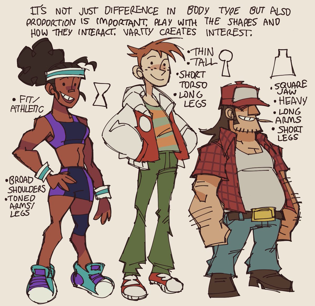 onebadnoodle_'s tweet image. one character design thing id recommend is don't be afraid to explore drawing different body types epically when drawing exaggerated proportions. it can do a lot for simple designs and can create some fun characters